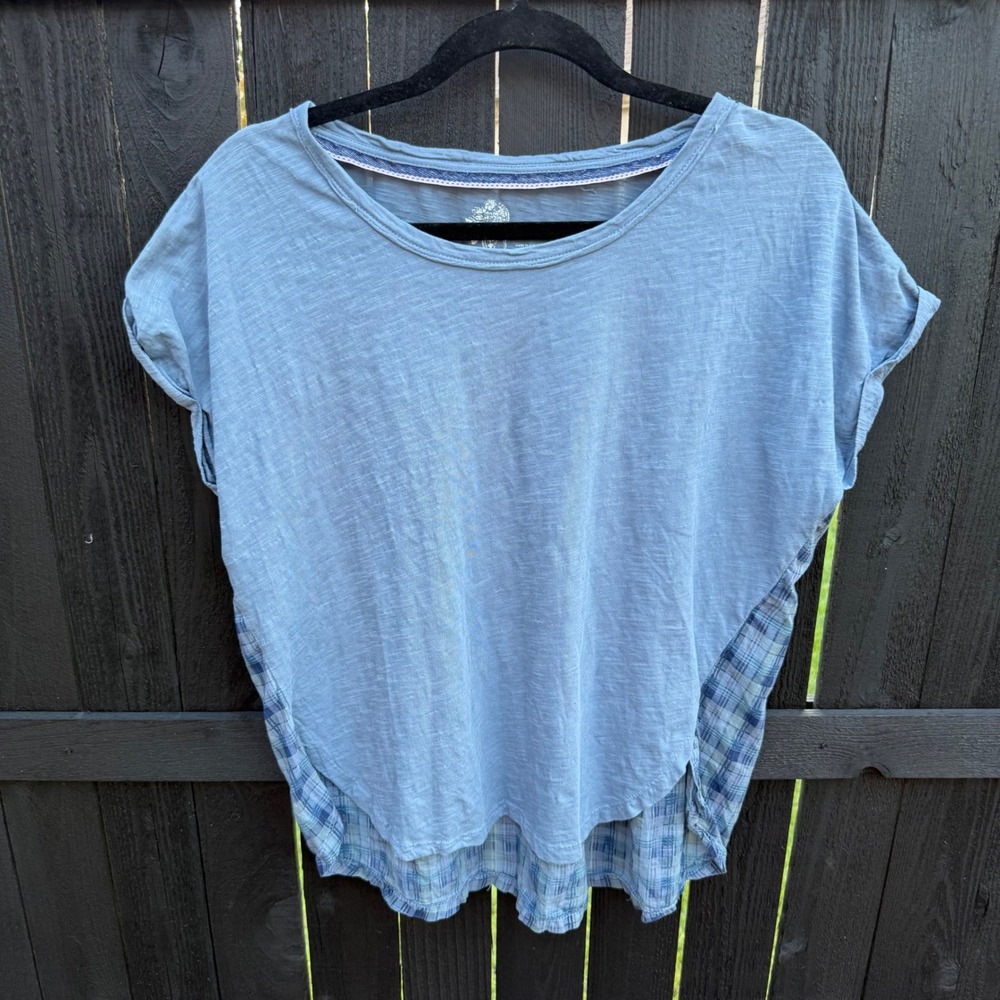 Pilcro Anthropologie Womens XS Blue Plaid Mixed Media Oversized Slub Knit Top